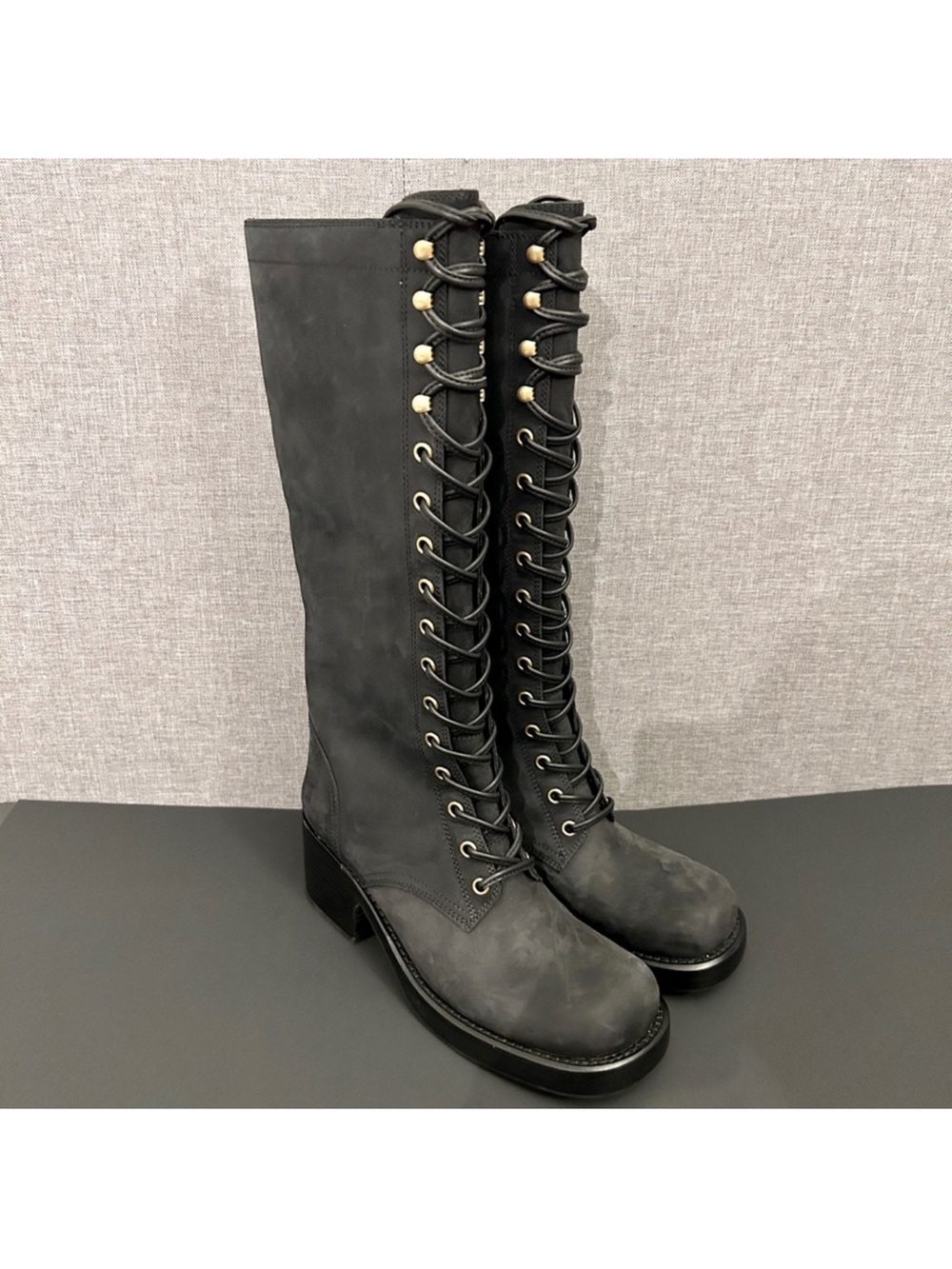 Jeffrey Campbell Black Lace-Up Knee-High Combat Boots